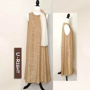 U-Right Cotton Blend Gold Long Dress Sleeveless Embossed Motifs Winter Dress